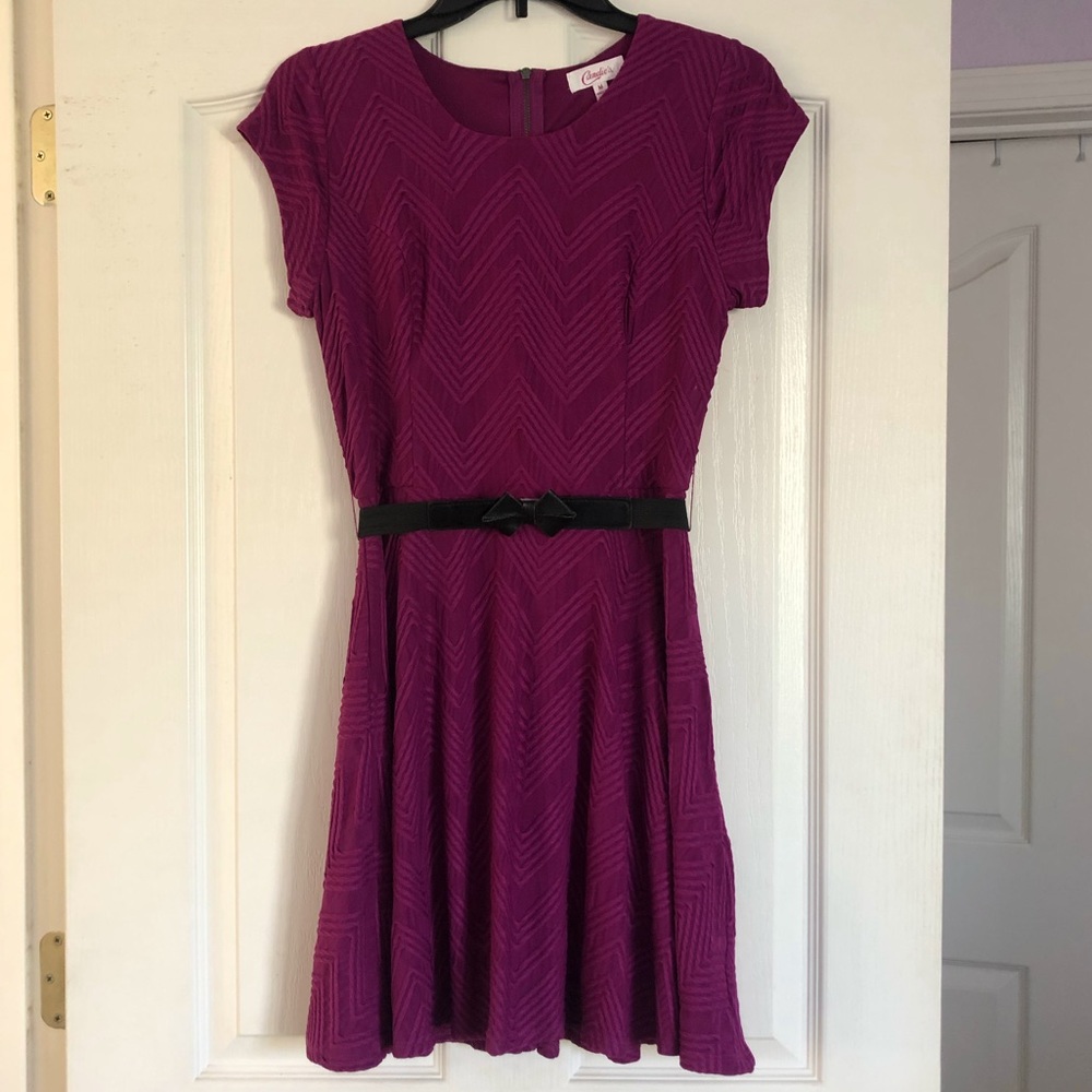 Candie’s Magenta Fit and Flare Belted Dress